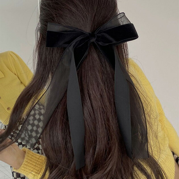 Rakuten - 異素材 ダブル リボン ヘア バレッタ 女性 レディース ヘアアクセサリー 春 秋 冬 可愛い 上品 大人 きれいめ カジュアル セレモニー ドレス オフィス 華やか パーティー シンプル フォーマル ベロア シフォン シアー