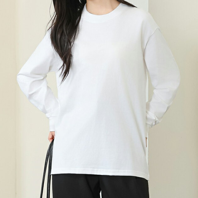 Rakuten - DAYRA コットン クルーネック 袖口 切替 カットソー トップス プルオーバー 長袖 ドロップショルダー レディース 女性 春 秋 冬 無地 ワンカラー ロンT シンプル ベーシック ゆったり 大きめ 着丈長め リラックス ナチュラル カジュアル