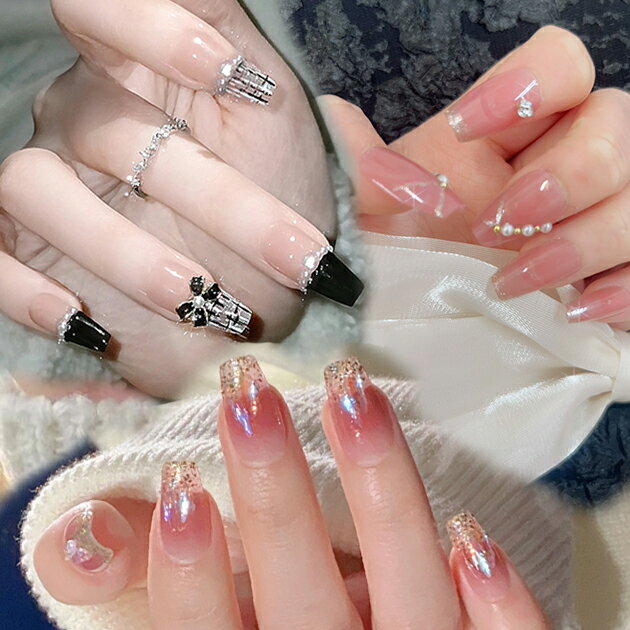 バラエティ デザイン フレンチ スクエア ネイルチップ 女性 レディース 爪 アート 3D ジェル トップコート ラメ ビジュー パール ライン ツイード リボン 可愛い キュート 上品 大人 セレモニー オフィス オンコーデ コンサバ ホログラム