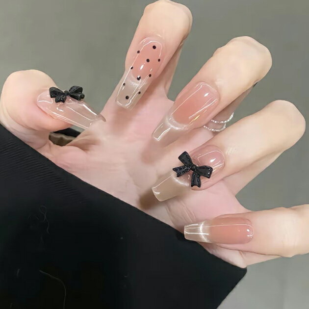 リボン ドット クリア フレンチ ネイルチップ 女性 レディース 爪 アート 3D ジェ...