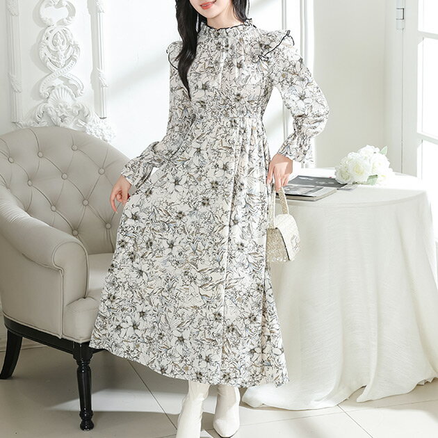 Rakuten - 花柄 肩フリル スタンドカラー ウエスト シャーリング ワンピース 長袖 レディース 春 秋 フラワープリント キャンディースリーブ スタイルアップ 華やか 着映え フェミニン エレガント 大人女子 かわいい おしゃれ 二次会 食事会 お呼ばれ おでかけ
