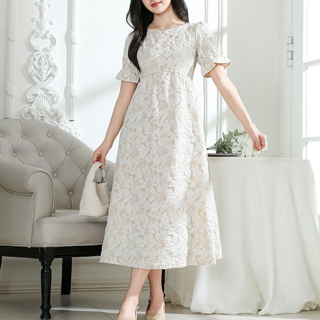 フラワー ジャガード パフスリーブ フレア ワンピース ラウンドネック レディース 夏 サマー バックリボン スタイルアップ 着映え 抜け感 大人っぽい フェミニン スイート かわいい おしゃれ おでかけ デート セミフォーマル 食事会 イベント