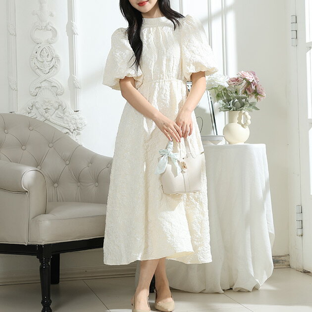 フラワー ジャガード バックリボン パフスリーブ ワンピース ドレス スタンドカラー レディース 夏 花柄 スタイルアップ 着映え 抜け感 トレンド 大人っぽい 大人女子 フェミニン スイート かわいい おしゃれ おでかけ デート セミフォーマル 食事会