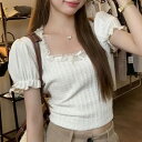 レース リボン スクエアネック パフスリーブ クロップド Tシャツ トップス レディース 夏 サマー ショート丈 スタイルアップ ぽわん袖 バックコンシャス 大人可愛い 大人女子 ガーリー スイート フェミニン デイリー デート おでかけ 韓国コーデ