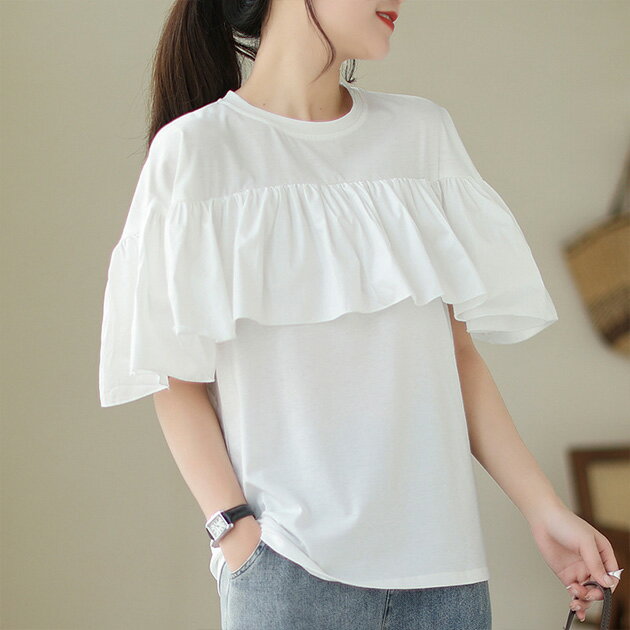 異素材 ギャザーフリル クルーネック 半袖 プルオーバー トップス レディース 夏 サマー 無地 単色 ケープ風 丸首 着映え 大人可愛い 大人女子 ガーリー スイート キュート フェミニン 着映え デイリー デート おでかけ 韓国ファッションのサムネイル