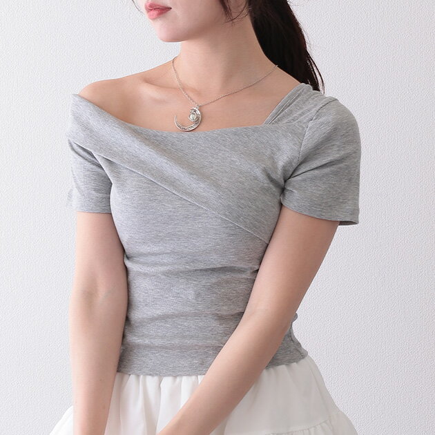 2WAY ワンショルダー アシンメトリー 半袖 リブ カットソー トップス レディース 女性 夏 サマー 単色 無地 細身 タイト おしゃれ シンプル きれいめ 大人っぽい トレンド 肌見せ 抜け感 ヘルシー 可愛い 着映え デイリー おでかけ デート(4)