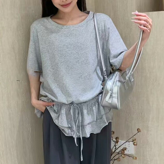 Rakuten - ウエスト ティアード フリル ドロスト 半袖 Tシャツ トップス クルーネック レディース 女性 夏 サマー 無地 単色 ワンカラー ゆったり ナチュラル スイート 可愛い おしゃれ フェミニン キュート 大人っぽい デイリー おでかけ デート