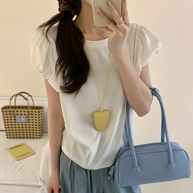 乐天商城 - ギャザー パフスリーブ クルーネック Tシャツ トップス フレンチスリーブ レディース 女性 夏 サマー 無地 単色 丸首 ワンカラー 甘め ぽわん袖 かわいい フェミニン スイート ガーリー トレンド おしゃれ おでかけ デート 韓国ファッション