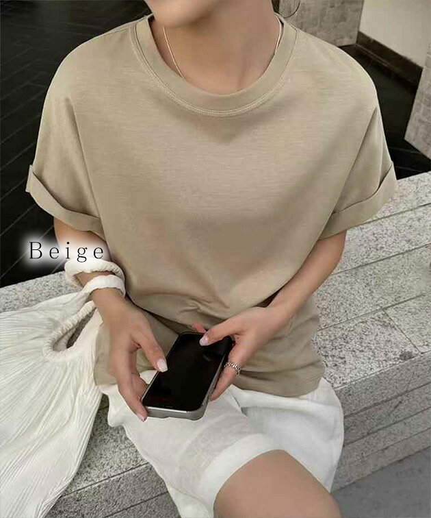 クルーネック ロールアップ オーバーサイズ 半袖 Tシャツ トップス 丸首 クルーネック レディース 女性 夏 サマー 無地 単色 ワンカラー トレンド ゆったり 楽ちん シンプル 抜け感 リラックス カジュアル おしゃれ おでかけ デイリー 普段使い dengding-10278364 レースレディース サンプル画像3