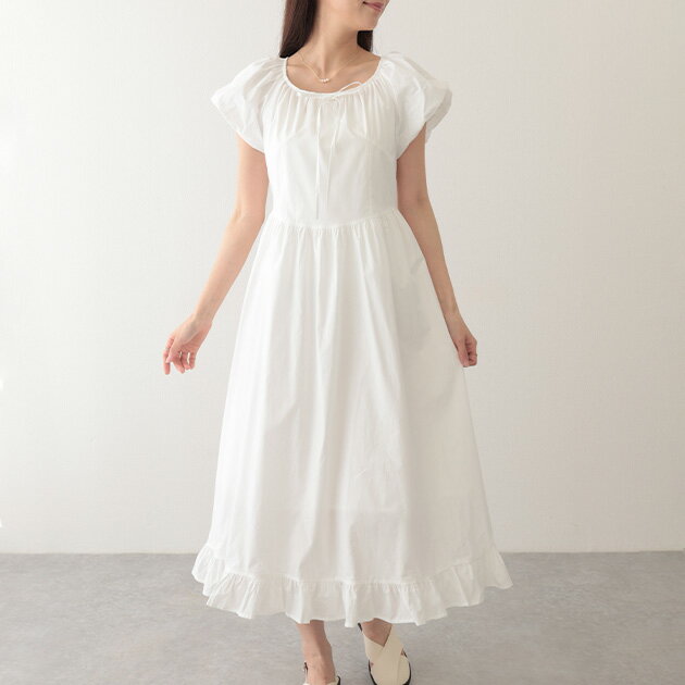 ポシェット付き ラウンドネック ギャザー ロング ワンピース 女性 レディース トップス スカート ブラウス オールインワン 春 夏 マキシ丈 リボン パフスリーブ 体型カバー 単色 無地 エレガント フェミニン ドレス リゾート フリル ペチコート