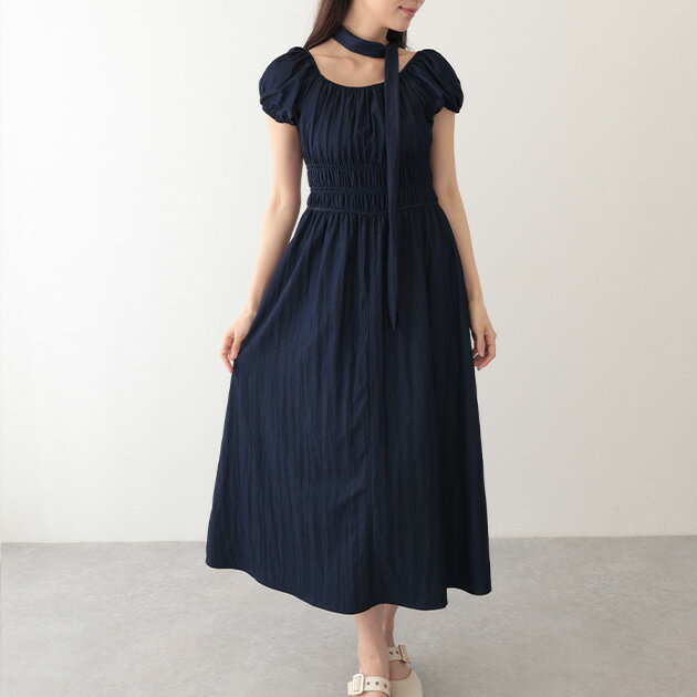 タイ付き付き パフスリーブ ギャザー ロング ワンピース 女性 レディース トップス スカート ブラウス オールインワン 春 夏 マキシ丈 リボン 華やか 上品 パーティー オンコーデ 体型カバー 単色 無地 エレガント フェミニン ドレス