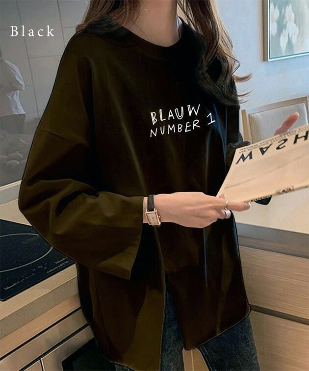 ロゴプリント スリット入り オーバーサイズ 長袖 Tシャツ トップス ドロップショルダー クルーネック レディース 春 秋 ロンT カットソー ロング丈 チュニック丈 ゆったり 大きめ カジュアル リラックス 大人カジュアル シンプル dengding-10278477 レースレディース サンプル画像3