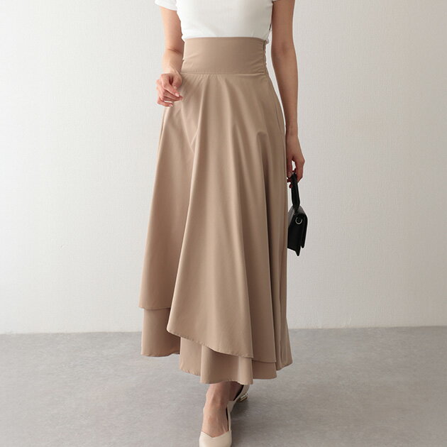 ハイウエスト ダブルヘム ドレープ ロング スカート ボトム レディース オールシーズン 無地 単色 フレアシルエット 華やか エレガント ドレッシー フェミニン きれいめ 大人っぽい 大人女子 着映え おしゃれ おでかけ デート 食事会 お呼ばれ