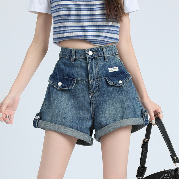 Cotton - ハイウエスト ポケット付き ロールアップ デニム Aライン ショートパンツ ボトム レディース オールシーズン ウォッシュ加工 ハイライズ フレア スタイルアップ 脚長効果 可愛い おしゃれ デイリー カジュアル ストリート Y2K 韓国コーデ