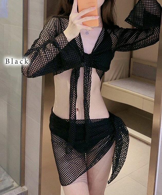 レースレディースの【4点セット】メッシュ ボレロ付き ホルター 三角 ビキニ 女性 レディース スイムウエア ラッシュガード カーディガン 日除け 冷え防止 パレオ 単色 無地 シアー 透け感 スカート セクシー 体型カバー 露出 大人 メロウフリル｜アングル2