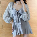 【2点セット】シアー ボレロ付き フリル ワンピース 水着 女性 レディース スイムウエア ラッシュガード モノキニ オールインワン 単色 無地 スカート リボン 可愛い ガーリー 体型カバー 日除け カーディガン バルーン ぽわん袖