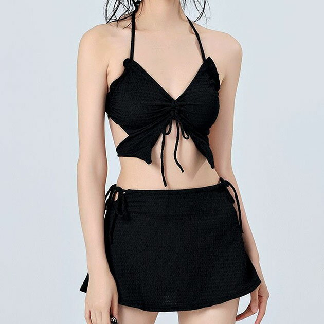 リボン付き水着｜【3点セット】ふくれジャガード ホルターネック ドロスト スカート付き ビキニ レ...