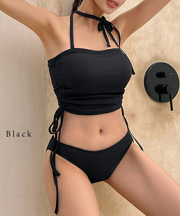 【2点セット】2WAY ホルターネック サイドシャーリング ビキニ 水着 レディース 夏 サマー スイムウェア 単色 ワンカラー タンキニ セパレート おしゃれ 可愛い フェミニン ヘルシー トレンド 着映え 海 海水浴 リゾート ビーチ プール