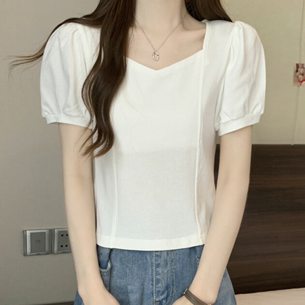 ソリッドカラー ペンタゴンネック 切り替え パフスリーブ カットソー トップス レディース 女性 夏 サマー ぽわん袖 単色 無地 シンプル フェミニン かわいい ガーリー スイート 大人っぽい おでかけ デート 普段使い デイリー 20代 30代