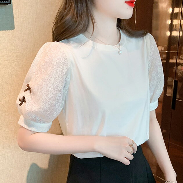 パフ袖リボンフラワーレースデザイン...