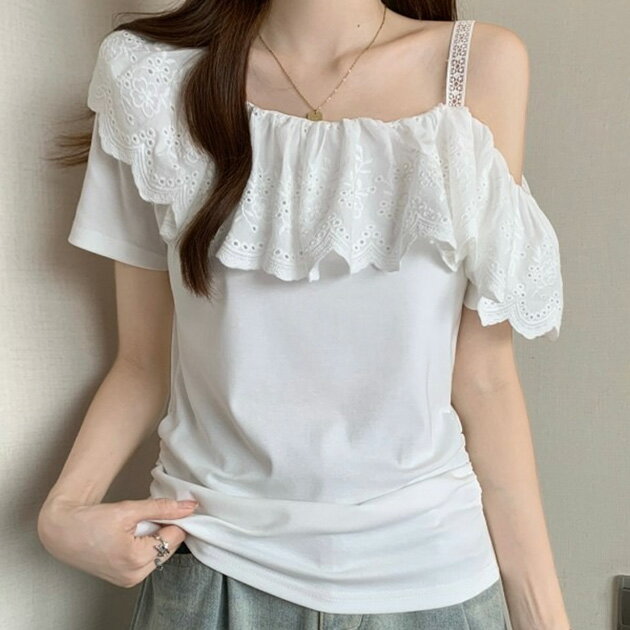Rakuten - 異素材 フリルレース アシメ ショルダー トップス 夏 サマー レディース 女性 無地 単色 ワンカラー 肌見せ 抜け感 トレンド おしゃれ 着映え かわいい キュート モード ガーリー 大人っぽい セクシー 色っぽい ヘルシー おでかけ デート