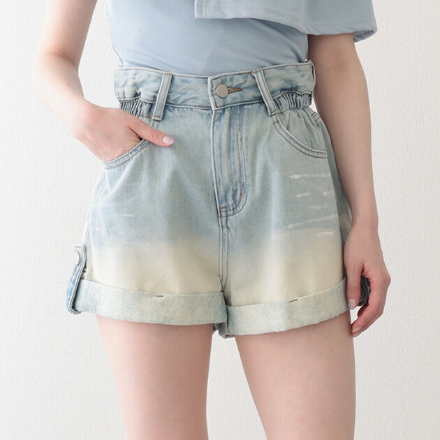 Short Pants - グラデーション ハイウエスト ロールアップ ショート デニムパンツ ボトム レディース 春 夏 秋 ショートパンツ スタイルアップ 美脚 脚長効果 こなれ感 抜け感 モード おしゃれ カジュアル ストリート 普段使い デイリー 韓国ファッション