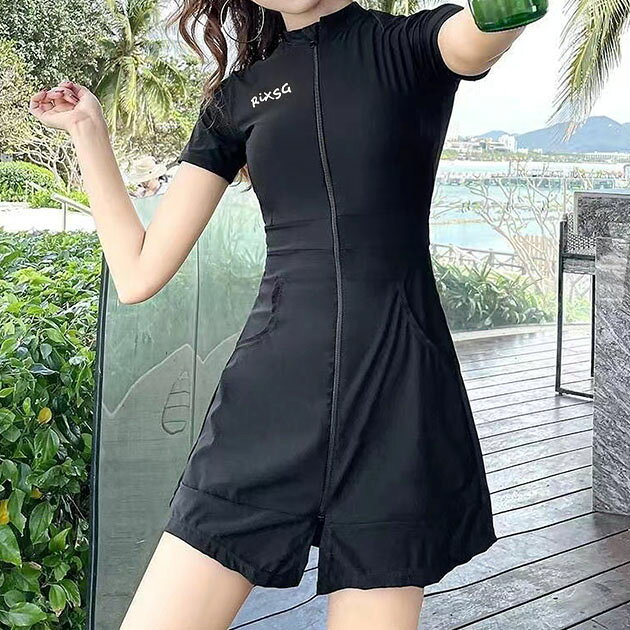 【2点セット】ソリッドカラー フロントジップ 半袖 ワンピース ラッシュガード 女性 レディース 水着 スイムウエア …