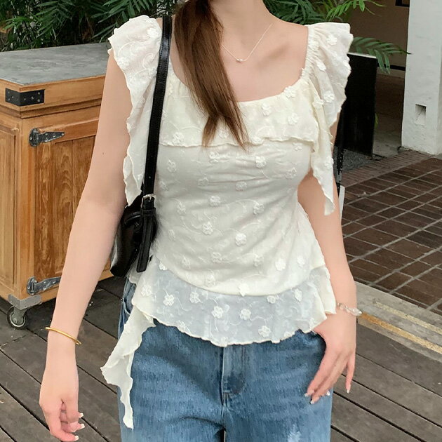 フラワー刺繍フリル袖ペプラムブラウ...
