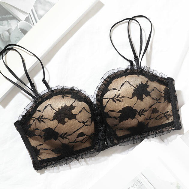 バック レースアップ フロントホック 2WAY ノンワイヤー ブラジャー 女性 レディース インナー 下着 肌着 ブラ 花 ボタニカル柄 ナチュラル 透け感 シアー 薄着 フェミニン ボリュームアップ 3/4 楽ちん 快適 ソフトクラシカル 1/2