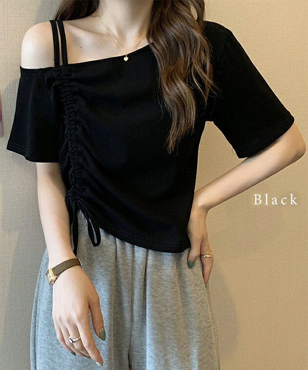 2way ドロスト シャーリング 半袖 カットソー トップス レディース 女性 夏 オフショルダー ワンショルダー ドロスト 抜け感 肌見せ 抜け感 ヘルシー おしゃれ クール 着映え タイト 細身 トレンド 大人っぽい セクシー 色っぽい dengding-10278931 レースレディース サンプル画像3