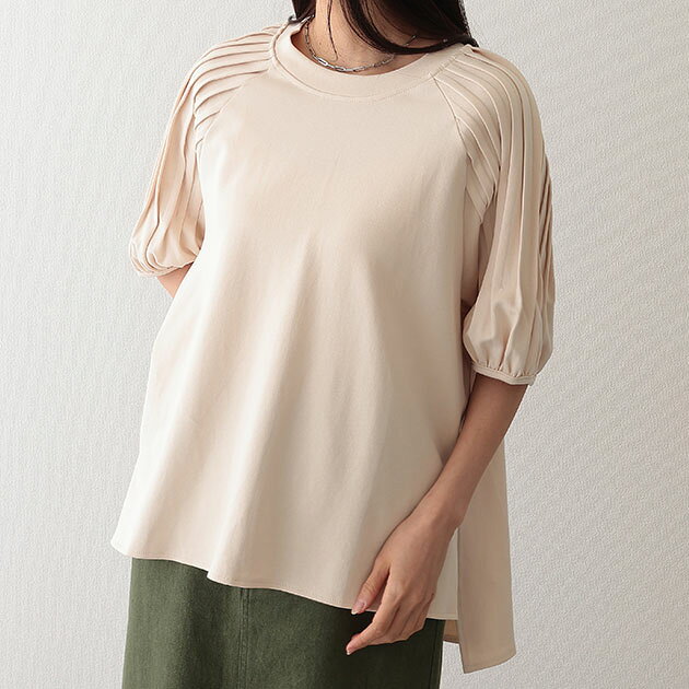 Rakuten - コットン クルーネック 袖プリーツ サイドスリット トップス パフスリーブ 半袖 ラグランスリーブ 女性 レディース 夏 サマー 丸首 ゆったり 単色 ワンカラー 無地 袖長め フェミニン 大人っぽい かわいい キュート こなれ感 おでかけ デート
