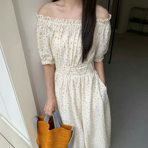 小花柄 ギャザー オフショル パフスリーブ ロング ワンピース 半袖 夏 サマー レディース 女性 フラワー プリント柄 花柄 パフ袖 ぽわ..