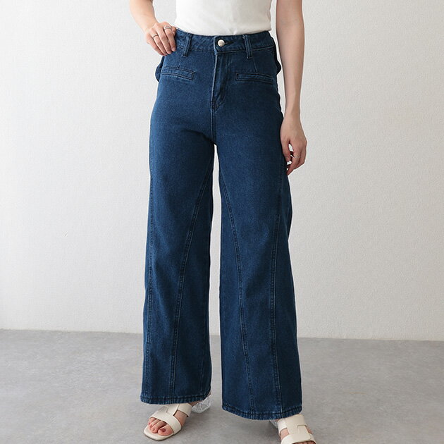 乐天商城 - バックリボン ラッフル風 切り替え セミフレア デニムパンツ ボトム レディース オールシーズン ジーンズ ジーパン バックコンシャス スタイルアップ 脚長効果 美脚 細身 大人可愛い スイート ガーリー おしゃれ デイリー カジュアル おでかけ