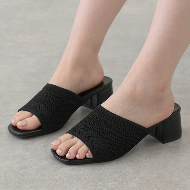 メッシュ編み オープントゥ チャンキーヒール サンダル シューズ レディース 夏 サマー クロシェ ナチ..