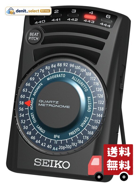 寸法:62(W)×100(H)×29.5(D)mm テンポ:40~208回/分(39ステップ固定) ビート:0, 2, 3, 4, 6 基準発振音A4,B4 基準ピッチ:A4=440~444Hz (1Hz刻み)