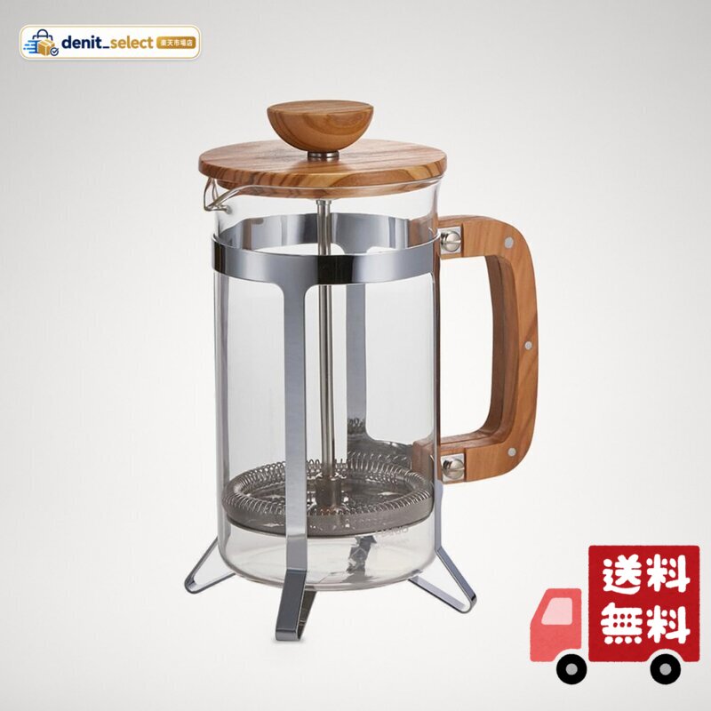 【豊かな風味】コーヒーのオイルや微粉までしっかりと抽出できるため、コーヒー豆の深い香りやコクを感じやすい、味わい深いコーヒーに仕上がります。 【シンプルな抽出方法】コーヒー豆とお湯をいれてハンドルを押し、待つだけで完成するので特別な技量がいりません。誰でも簡単に美味しいコーヒーが抽出できます。 【エコフレンドリー】付属のフィルターは金属製で紙のフィルターを使用しないので、環境への負荷が少ないです。 【ビジュアルの楽しさ】フタと持ち手にはオリーブウッドが使われており、どのインテリアにも馴染みやすいデザインです。本体は透明な耐熱ガラスでできているので、コーヒーの抽出過程も視覚的に楽しむことができます。 【商品詳細】本体サイズ:幅18.5×奥行13.0×高さ8.2cm、本体重量:約482g、実用容量:600mL、本体材質:本体/耐熱ガラス、フタ・フタツマミ・ハンドル/オリーブウッド、シャフト・ナット・フィルター一式・ハンドル・ホルダー/ステンレス