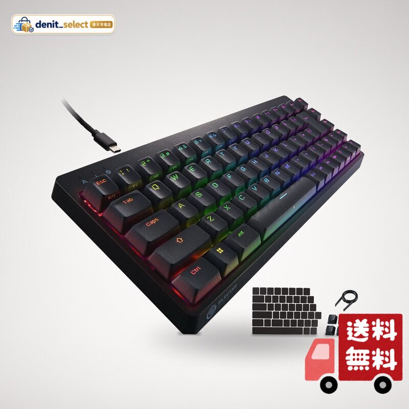 エレコム ゲーミングキーボード V-custom VK300C 有線 RGB テンキーレス 65%サイズ メカニカル ネオクラッチキーキャップ 青軸 クリッキー USBポート搭載 TK-VK300CBK