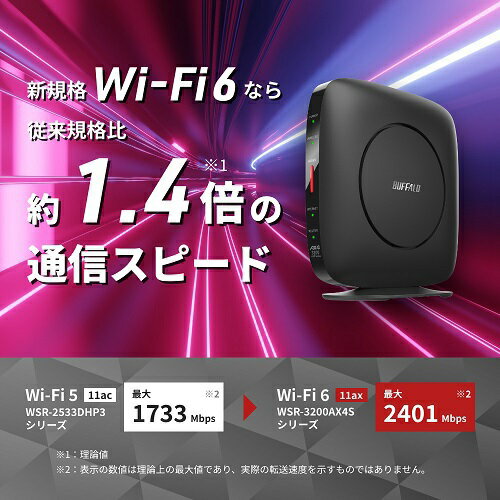 【8/20限定 最大3,000円OFFクーポン】バッファロー BUFFALO Wi-Fiルーター 親機 2401+800Mbps AirStation ブラック WSR-3200AX4S-BK