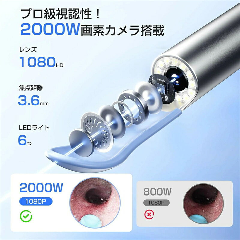 【2000万画質＆リアルタイム確認で安心耳掃除】 業界トップクラスの2000万高画質カメラが耳奥をくっきり映し出し、お子様も画面を見ながら楽しく作業可能！6つの高輝度LEDライト搭載で暗がりも鮮明、耳垢の位置を確認しながらの精密クリーニングで「痛い」「怖い」を解消。カメラ付き耳かきは好奇心を刺激するデザインで、お子様の耳掃除嫌いが改善された声続出！ 【専用APP連動＆超高速WiFiで操作簡単】 高速WiFiでスマホ接続1秒即対応！専用アプリで写真・動画撮影が可能。気になる部位を画像保存して医師に相談すれば、不要な通院を削減。*「AIR-Look」アプリのご利用には、通信と位置情報のアクセス権限が必要です。どうぞご安心ください。お客様の個人情報が外部に漏洩することは一切いたしません。 【一体型＆2WAYヘッドで耳垢タイプ別攻略】 部品ゼロの一体成型だから「耳の中ではずれる」リスクなし！3.6mm極細チップが子供の小さな耳道にもスムーズ進入。ステンレス裸ヘッドは耳垢がスルリ剥離。柔軟シリコンカバー装着時は耳垢も優しくキャッチ。シリコンヘッドの肌当たり柔らか設計で「ゴリゴリ痛い」がなくなった。2種類の付け替えで全ての耳垢タイプに対応。 【知能温度制御＆3軸ジャイロでプロ級体験】 自動温度調整が手持ち部32℃／先端25℃をキープ（※人体温と同等）。冷たい金属感ゼロで冬季も快適！*ご使用時間が長くなるほど、持ち手の温度が上がることがありますが、製品の正常な動作状態です。3軸ジャイロセンサーが手ブレを即補正、画面がガクつかずプロのような安定操作を実現。IP67防水ヘッドは水洗いOK、衛生管理が簡単。Type-C急速充電と230mAh大容量電池で満充電40分→連続60分使用可能。 メーカー希望小売価格はメーカーサイトに基づいて掲載しています