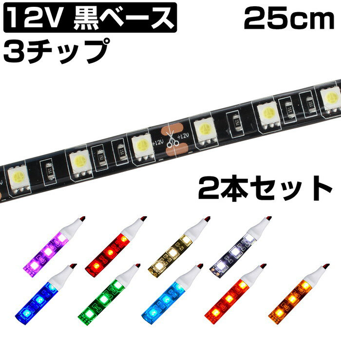 LEDテープライト 25cm 12V 防水 3チップ 黒ベース 正面発光 車 自動車 バイク 高輝度 両面テープ 2本セット