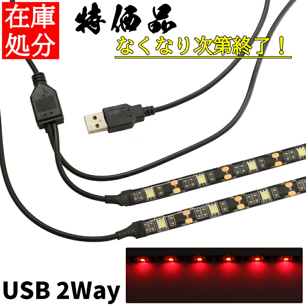 USB LEDテープライト 防水 50cm 2分岐タイプ 赤色 正面発光 間接照明 インテリア