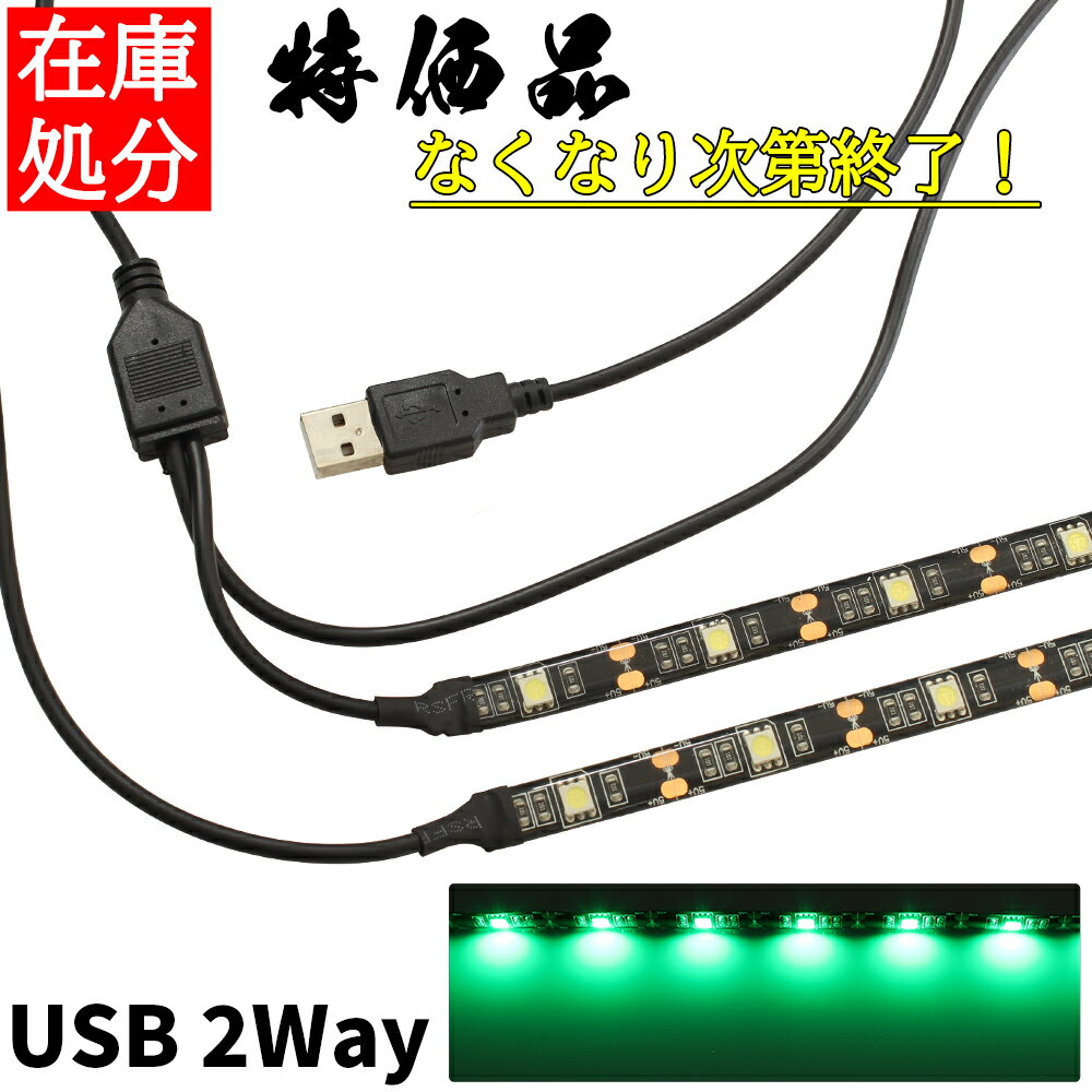 USB LEDテープライト 防水 50cm 2分岐タイプ 緑色 正面発光 間接照明 インテリア