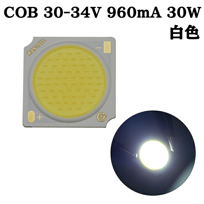COBは「Chip On Board（チップオンボード）」の略で LEDチップ（発光素子）が直接基板にのっている構造のため 高出力・広範囲照射・多重影が出にくい特徴がございます。 ■仕様 縦横：約19×19mm 厚み：約1.6mm 定格電圧：30～34V 色温度：6000～6500K パワー：30W相当 輝度：110～120lm 順電流：960mA 演色性：80Ra 発光色：白色 ■ご注意 本製品は通電後、高温になります。必ずヒートシンク等の放熱処理のもと、ご使用ください。