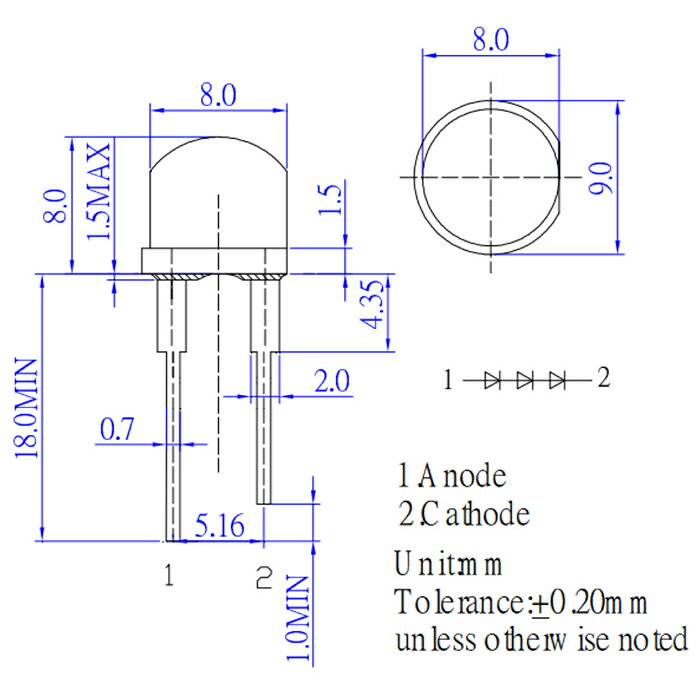 LED 発光ダイオード 8mm 3チップ 高輝度 明るい 電子工作 発光素子 5個入り