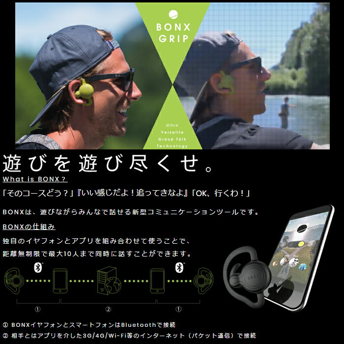 BONX　BX2-MTBKGN1 ワイヤレス ヘッドセット ブラック×グリーン 2色セット (Bluetooth)イヤホン グループ通話 広範囲 アプリ操作 連続7時間使用［BX2MTBKGN1］【送料80サイズ】
