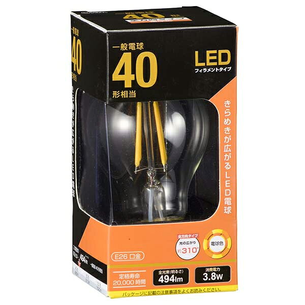 オーム電機 LED電球 06-3462 E26 40W形相当 フィラメントタイプ電球 電球色 クリア 全方向タイプ 光の広がり約310° 調光器不可 (LDA4L C6)(LDA4LC6)[063462]【送料80サイズ】 [3]