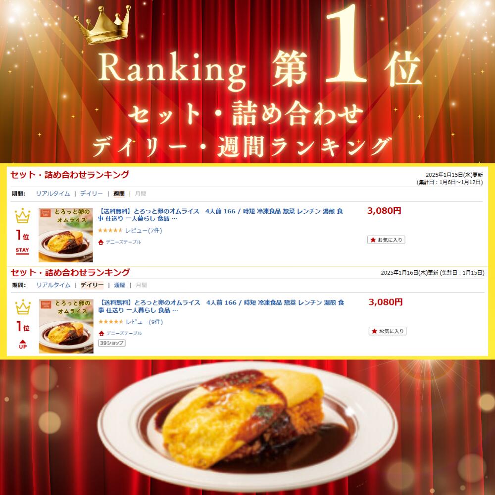 【送料無料】とろっと卵のオムライス　4人前 166 / 時短 冷凍食品 惣菜 レンチン 湯煎 食事 仕送り 一人暮らし 食品 ピラフ オムレツ とろっと卵 デニーズ