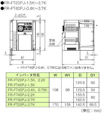 三菱電機 FR-F720PJ-3.7K 簡単小形インバータ FREQROL-F700PJシリーズ 三相200V 適用モータ容量3.7KW フィルタパック無 2