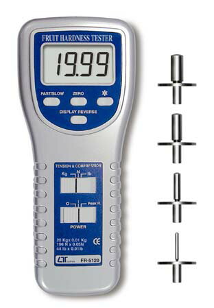 ・本製品は、先端をフルーツの表面に当て破砕してフルーツ 　の硬さを計測し、成熟度を測るための計測器です。 ・りんご、なし、いちご、ブドウなどに ・計測単位でkg/N選択可能 ・ピークホールド機能で簡単計測 ・ゼロ設定ボタン、+/-表示、オーバーロード保護 ・RS-232/USB PCインターフェース（ケーブル、ソフト別売） ・3mm,6mm,8mm,11mmの4種類の先端チップ付属 ・テスト用スタンドFS-1001(別売）を用いるとより正確なデータを ・Fast/Slow反応時間設定 ・9VDCアダプター用入力ソケット（アダプターは別売） ※フルーツの硬さP＝N（計測結果）/S（先端の表面積）で表され 　通常kg/cm＾2やN//cm＾2という単位となります。 表示：5デジタルLCD　16mmデジット高さ バックライト付 表示方向：ボタンで+/-選択 機能：押し込/引っ張り、通常フォース、ピーク（Max)ホールド ピークホールド：Max計測値で画面表示固定 ゼロ：ゼロ調整ボタン付 単位：kg/N 計測容量：20.00kg/196.10Newton 分解能：0.01kg/0.05N Min.表示：0.02kg/0.3N 精度：+/-（0.5％+2d) アップデート時間：Fast約0.2秒/Slow約0.6秒 オーバーレンジ表示：”----” 電源：単3乾電池x6本（別売）or DC9Vアダプター（別売） 動作環境：0〜50℃、＜80％RH 寸法：215x90x45mm 重量：約650g