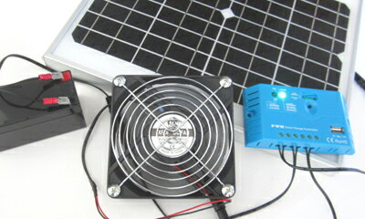 ソーラーファン（メタルケースL)+PWMソーラー充電コントローラUSB出力付+鉛蓄電池12V-1.3Ah